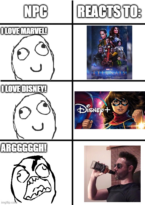 the critical drunker | NPC; REACTS TO:; I LOVE MARVEL! I LOVE DISNEY! ARGGGGGH! | image tagged in comparison chart,eternals,ms marvel,marvel,disney,the critical drinker | made w/ Imgflip meme maker