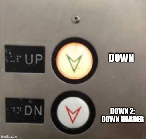 Down 2 | DOWN; DOWN 2: DOWN HARDER | image tagged in elevator,lift,buttons,you had one job,up down,down down | made w/ Imgflip meme maker
