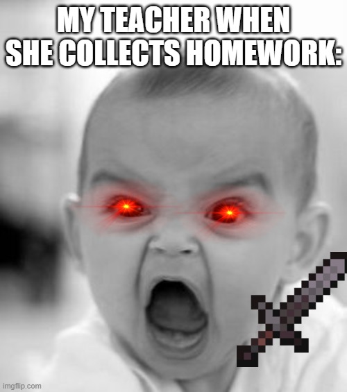 My teacher | MY TEACHER WHEN SHE COLLECTS HOMEWORK: | image tagged in memes,angry baby | made w/ Imgflip meme maker