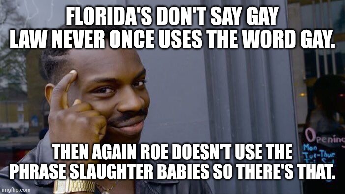 Roe v. Gay | FLORIDA'S DON'T SAY GAY LAW NEVER ONCE USES THE WORD GAY. THEN AGAIN ROE DOESN'T USE THE PHRASE SLAUGHTER BABIES SO THERE'S THAT. | image tagged in confused,words of wisdom,stupid liberals,lgbtq,oh god why,common sense | made w/ Imgflip meme maker