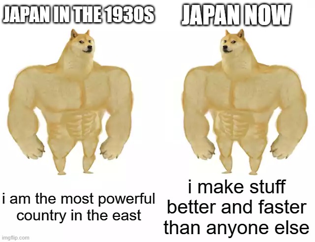japan still stronk | JAPAN IN THE 1930S; JAPAN NOW; i am the most powerful country in the east; i make stuff better and faster than anyone else | image tagged in buff doge vs buff doge,memes,history,funny | made w/ Imgflip meme maker
