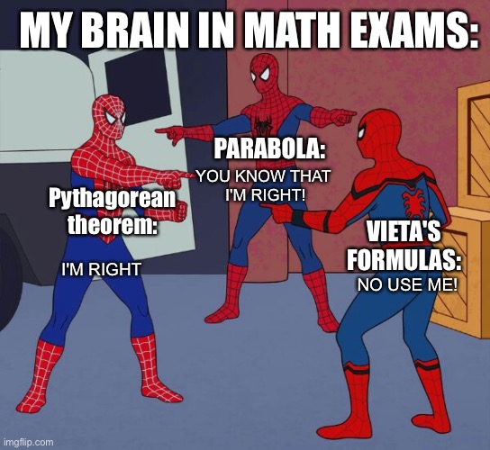 Math exams | MY BRAIN IN MATH EXAMS:; PARABOLA:; YOU KNOW THAT 
I'M RIGHT! Pythagorean theorem:; VIETA'S FORMULAS:; I'M RIGHT; NO USE ME! | image tagged in spider man triple,math | made w/ Imgflip meme maker