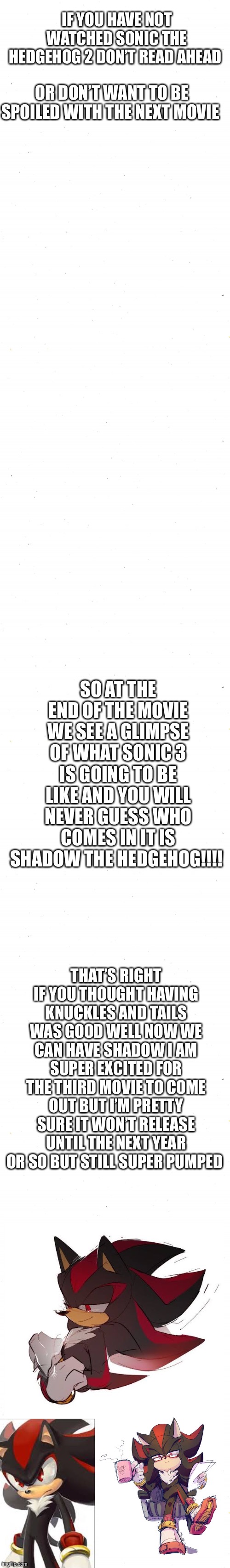 IF YOU HAVE NOT WATCHED SONIC THE HEDGEHOG 2 DON’T READ AHEAD; OR DON’T WANT TO BE SPOILED WITH THE NEXT MOVIE; SO AT THE END OF THE MOVIE WE SEE A GLIMPSE OF WHAT SONIC 3 IS GOING TO BE LIKE AND YOU WILL NEVER GUESS WHO COMES IN IT IS SHADOW THE HEDGEHOG!!!! THAT’S RIGHT IF YOU THOUGHT HAVING KNUCKLES AND TAILS WAS GOOD WELL NOW WE CAN HAVE SHADOW I AM SUPER EXCITED FOR THE THIRD MOVIE TO COME OUT BUT I’M PRETTY SURE IT WON’T RELEASE UNTIL THE NEXT YEAR OR SO BUT STILL SUPER PUMPED | image tagged in plain white | made w/ Imgflip meme maker