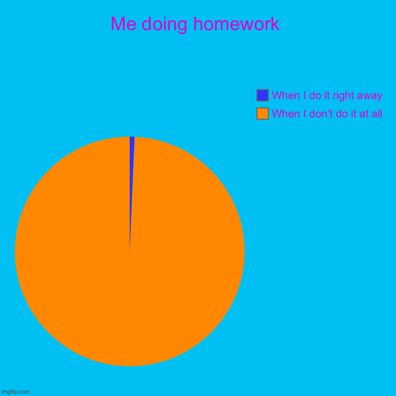Homework | Me doing homework | When I don’t do it at all, When I do it right away | image tagged in charts,pie charts,homework,lol | made w/ Imgflip chart maker