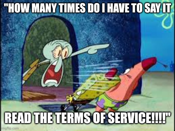 Site mods when: (this is just a joke don't disapprove it community mod) | "HOW MANY TIMES DO I HAVE TO SAY IT; READ THE TERMS OF SERVICE!!!!" | image tagged in squidward yelling | made w/ Imgflip meme maker