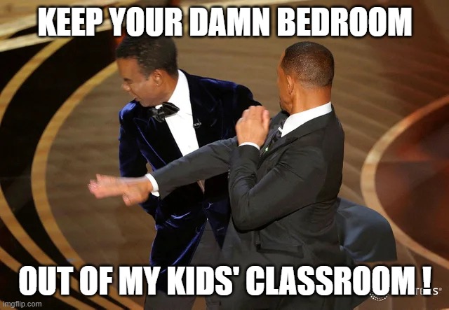 Will Smith punching Chris Rock | KEEP YOUR DAMN BEDROOM; OUT OF MY KIDS' CLASSROOM ! | image tagged in will smith punching chris rock | made w/ Imgflip meme maker