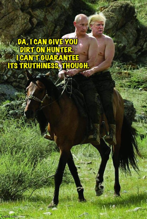Putin Trump Lovers Hi-Rez | DA, I CAN GIVE YOU 
DIRT ON HUNTER.  
I CAN'T GUARANTEE 
ITS TRUTHINESS, THOUGH. | image tagged in putin trump lovers hi-rez | made w/ Imgflip meme maker