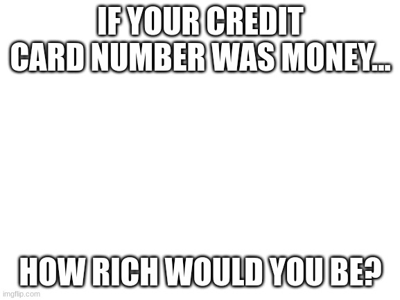 Blank White Template | IF YOUR CREDIT CARD NUMBER WAS MONEY... HOW RICH WOULD YOU BE? | image tagged in blank white template,credit card,cringe,undertale,nooo haha go brrr,no u | made w/ Imgflip meme maker