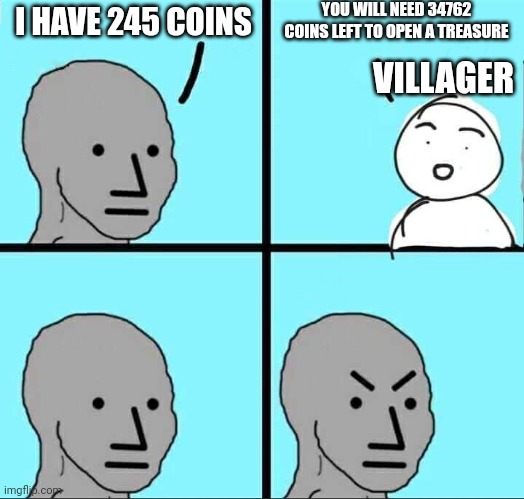 NPC Meme |  YOU WILL NEED 34762 COINS LEFT TO OPEN A TREASURE; I HAVE 245 COINS; VILLAGER | image tagged in npc meme | made w/ Imgflip meme maker