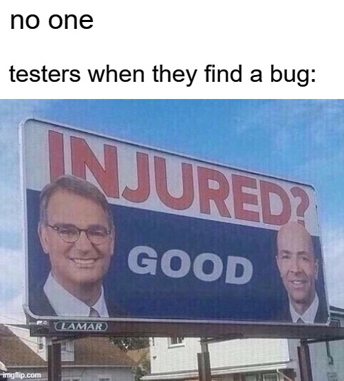 Testers |  no one; testers when they find a bug: | image tagged in programmers | made w/ Imgflip meme maker