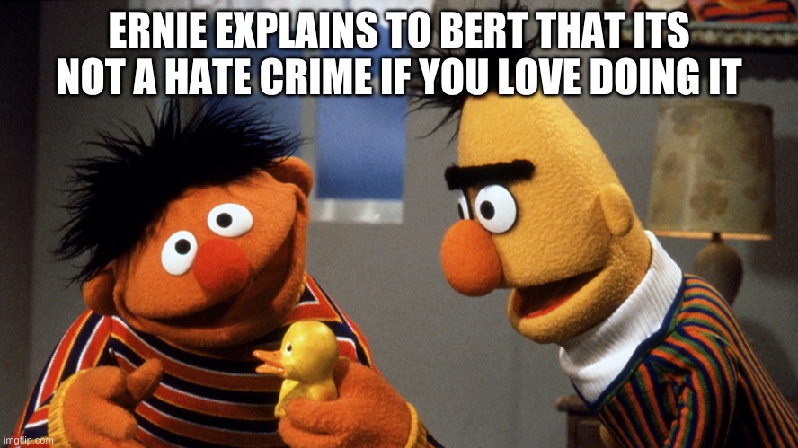 Ernie and Bert discuss Rubber Duckie | ERNIE EXPLAINS TO BERT THAT ITS NOT A HATE CRIME IF YOU LOVE DOING IT | image tagged in ernie and bert discuss rubber duckie | made w/ Imgflip meme maker