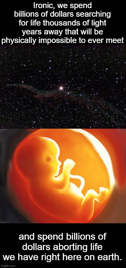 The Veil Nebula and beating hearts... | Ironic, we spend billions of dollars searching for life thousands of light years away that will be physically impossible to ever meet; and spend billions of dollars aborting life we have right here on earth. | image tagged in veil nebula,unborn child | made w/ Imgflip meme maker