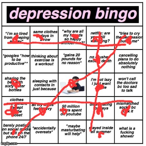 image tagged in bingo,depression | made w/ Imgflip meme maker