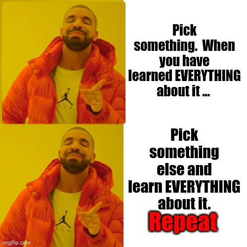 Don't Just Learn Something New Everyday.  Learn Everything About Something And Repeat | Pick something else and learn EVERYTHING about it.
Repeat; Pick something.  When you have learned EVERYTHING about it ... Repeat | image tagged in memes,drake hotline bling,educate yourself,read,read everything,knowledge is power | made w/ Imgflip meme maker