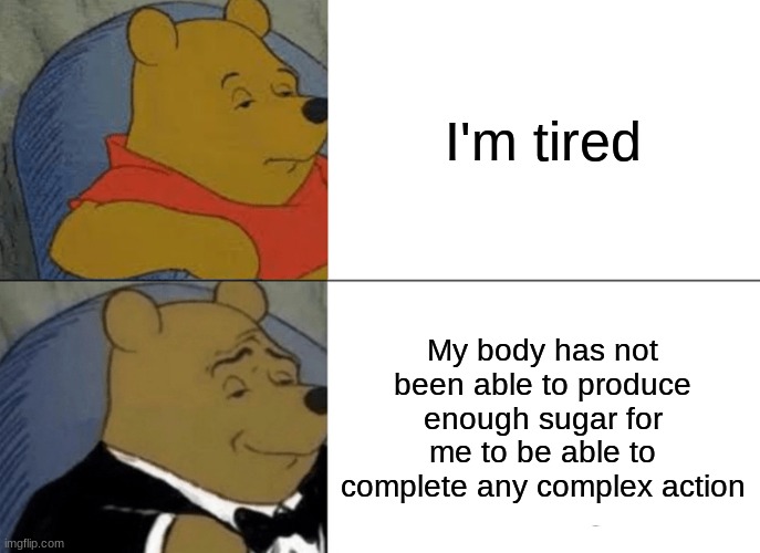 Tuxedo Winnie The Pooh Meme | I'm tired; My body has not been able to produce enough sugar for me to be able to complete any complex action | image tagged in memes,tuxedo winnie the pooh | made w/ Imgflip meme maker