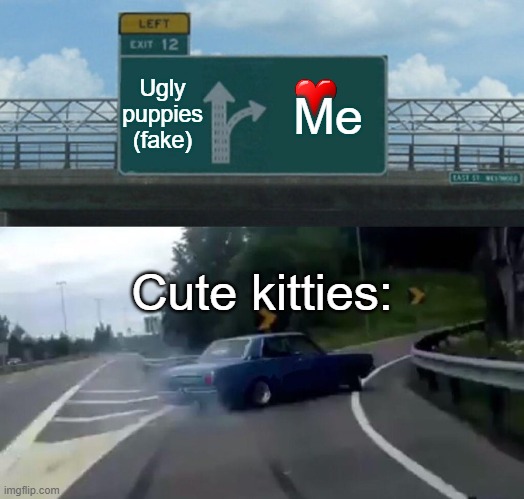 Left Exit 12 Off Ramp | Ugly puppies (fake); Me; Cute kitties: | image tagged in memes,left exit 12 off ramp | made w/ Imgflip meme maker