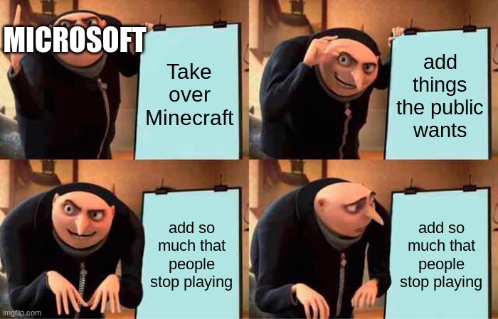 Gru's Plan Meme | MICROSOFT; Take over Minecraft; add things the public wants; add so much that people stop playing; add so much that people stop playing | image tagged in memes,gru's plan | made w/ Imgflip meme maker