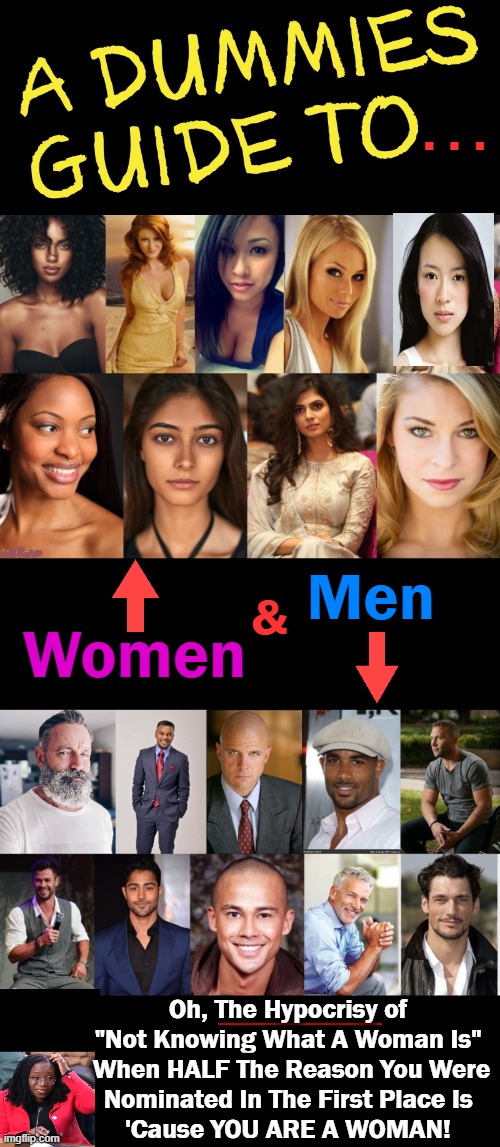 PSA For Males and Females. . . | . . . Men; &; Women; Oh, The Hypocrisy of 
"Not Knowing What A Woman Is" 
When HALF The Reason You Were
Nominated In The First Place Is 
'Cause YOU ARE A WOMAN! | image tagged in politics,democrats,leftists,sjws,men and women,psa | made w/ Imgflip meme maker