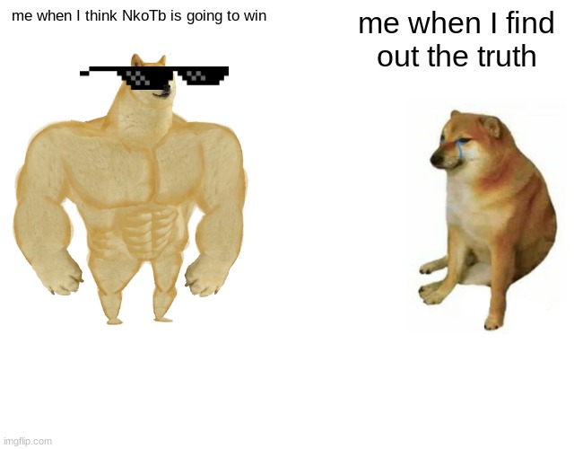 Buff Doge vs. Cheems | me when I think NkoTb is going to win; me when I find out the truth | image tagged in memes,buff doge vs cheems | made w/ Imgflip meme maker