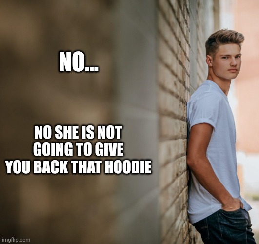 NO... NO SHE IS NOT GOING TO GIVE YOU BACK THAT HOODIE | image tagged in funny memes | made w/ Imgflip meme maker