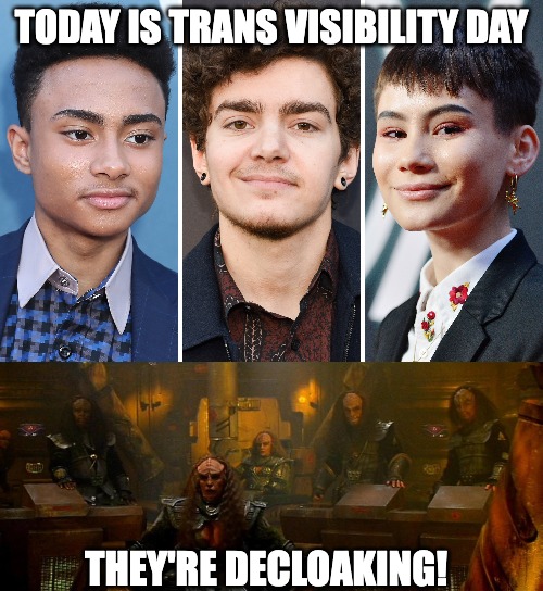 Today, be visible | TODAY IS TRANS VISIBILITY DAY; THEY'RE DECLOAKING! | image tagged in transgender,trans,transformers,star trek | made w/ Imgflip meme maker