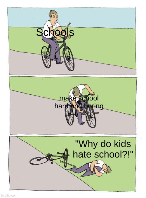 WHY SCHOOL WHYYYYY | Schools; make school hard and boring; "Why do kids hate school?!" | image tagged in memes,bike fall | made w/ Imgflip meme maker
