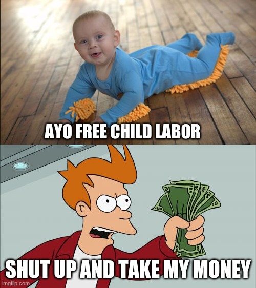 Free child labor | AYO FREE CHILD LABOR; SHUT UP AND TAKE MY MONEY | image tagged in memes,shut up and take my money fry | made w/ Imgflip meme maker