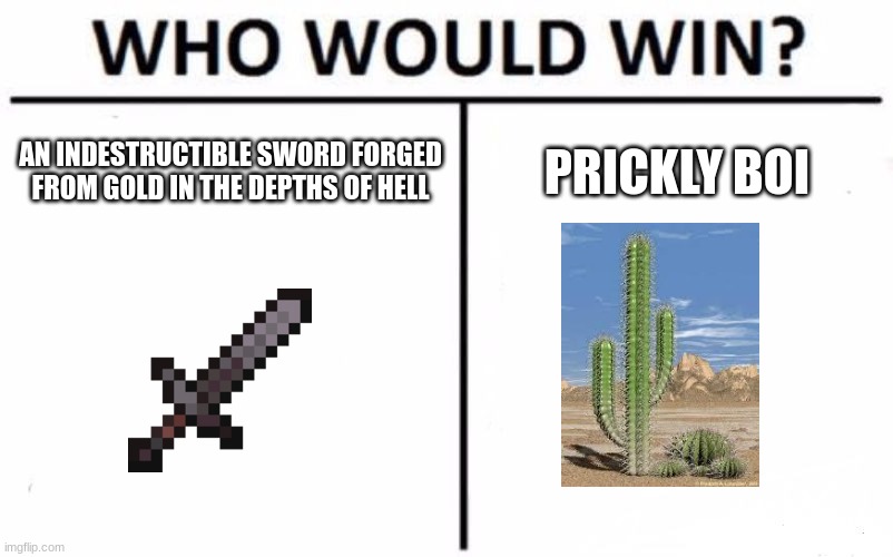 Who Would Win? | AN INDESTRUCTIBLE SWORD FORGED FROM GOLD IN THE DEPTHS OF HELL; PRICKLY BOI | image tagged in memes,who would win | made w/ Imgflip meme maker