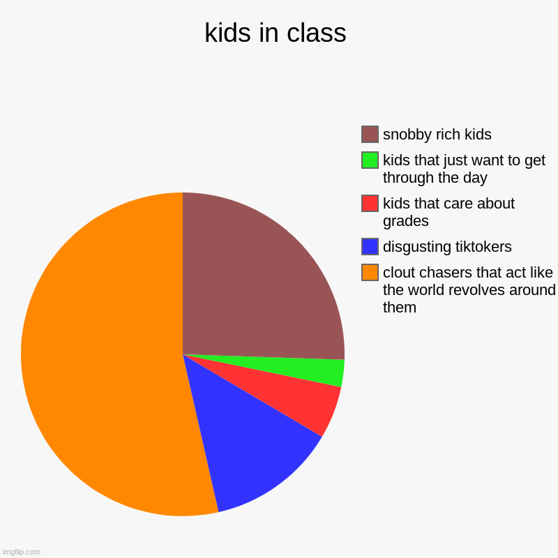 scoo | kids in class | clout chasers that act like the world revolves around them, disgusting tiktokers, kids that care about grades, kids that jus | image tagged in charts,pie charts | made w/ Imgflip chart maker