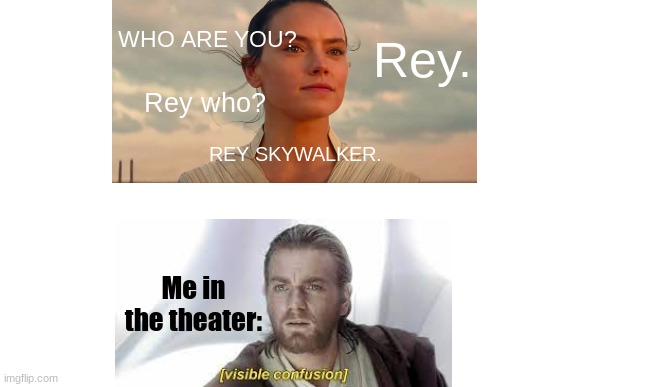 Rey. WHO ARE YOU? Rey who? REY SKYWALKER. Me in the theater: | image tagged in star wars | made w/ Imgflip meme maker