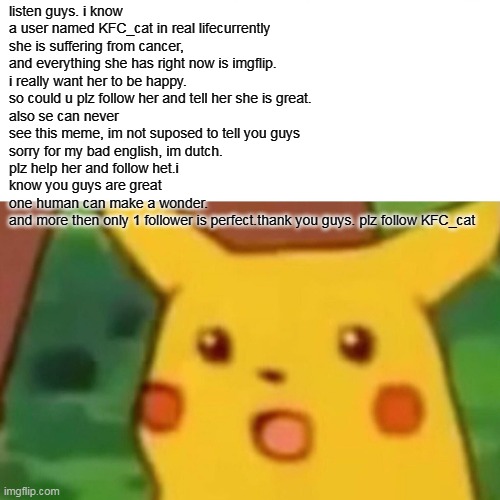 plz help her | listen guys. i know a user named KFC_cat in real lifecurrently she is suffering from cancer, and everything she has right now is imgflip.
i really want her to be happy. 
so could u plz follow her and tell her she is great.
also se can never see this meme, im not suposed to tell you guys
sorry for my bad english, im dutch.
plz help her and follow het.i know you guys are great
one human can make a wonder.
and more then only 1 follower is perfect.thank you guys. plz follow KFC_cat | image tagged in surprised pikachu,cancer,follow,help,ukrainian lives matter | made w/ Imgflip meme maker