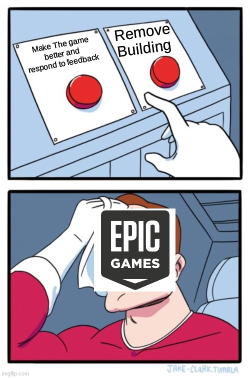 bruh | Remove Building; Make The game better and respond to feedback | image tagged in memes,two buttons | made w/ Imgflip meme maker