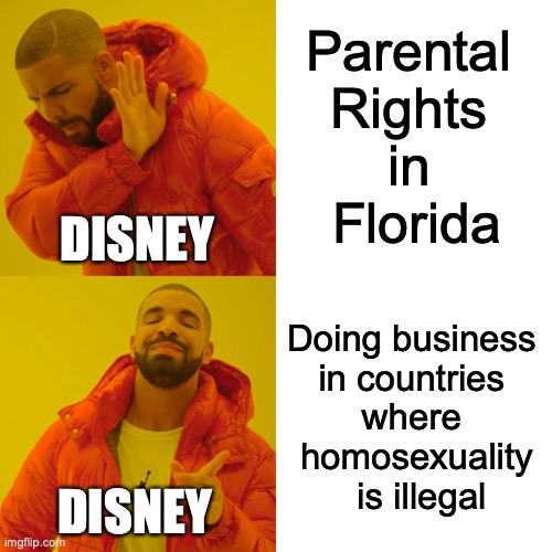 It's like hypocrisy is the defining characteristic of every liberal. | Parental 
Rights 
in 
Florida; DISNEY; Doing business 
in countries 
where 
homosexuality
 is illegal; DISNEY | image tagged in disney,florida,2022,parental rights,hypocrisy,liberals | made w/ Imgflip meme maker