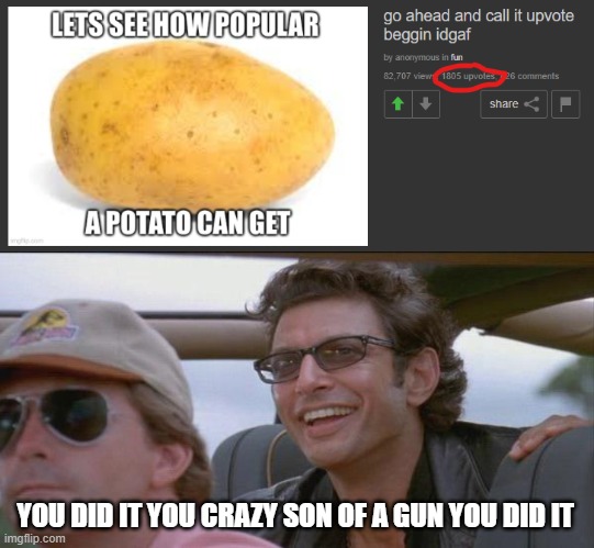 Behold! POTATO!!!!!!!! | YOU DID IT YOU CRAZY SON OF A GUN YOU DID IT | image tagged in you did it | made w/ Imgflip meme maker