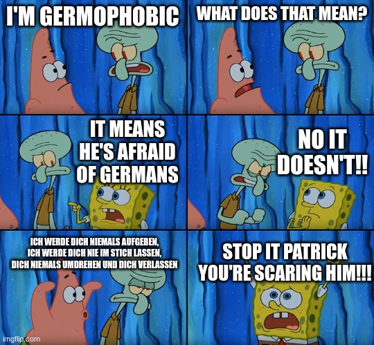 i dare you translate it | I'M GERMOPHOBIC; WHAT DOES THAT MEAN? NO IT DOESN'T!! IT MEANS HE'S AFRAID OF GERMANS; ICH WERDE DICH NIEMALS AUFGEBEN, ICH WERDE DICH NIE IM STICH LASSEN, DICH NIEMALS UMDREHEN UND DICH VERLASSEN; STOP IT PATRICK YOU'RE SCARING HIM!!! | image tagged in stop it patrick you're scaring him | made w/ Imgflip meme maker