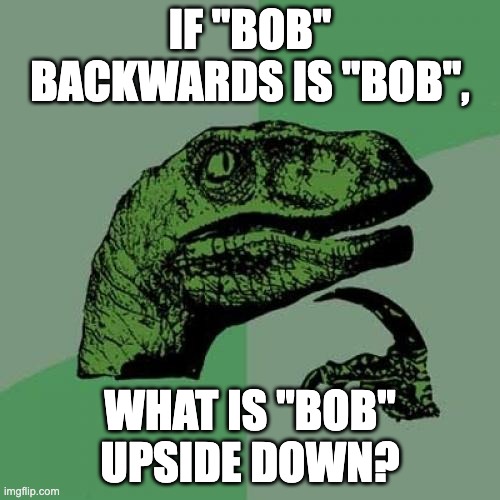 What is "bob" upside down? | IF "BOB" BACKWARDS IS "BOB", WHAT IS "BOB" UPSIDE DOWN? | image tagged in memes,philosoraptor,funny memes | made w/ Imgflip meme maker