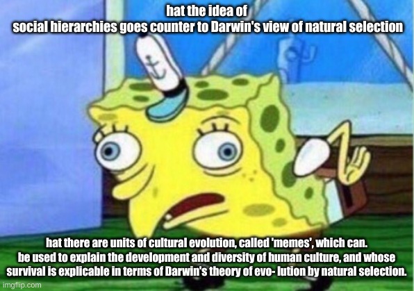 Mocking Spongebob Meme | hat the idea of
 social hierarchies goes counter to Darwin's view of natural selection; hat there are units of cultural evolution, called 'memes', which can. be used to explain the development and diversity of human culture, and whose survival is explicable in terms of Darwin's theory of evo- lution by natural selection. | image tagged in memes,mocking spongebob | made w/ Imgflip meme maker