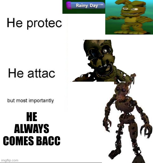 sfvbsueivroyg934w9w3e8 | HE ALWAYS COMES BACC | image tagged in he protecc,fnaf,fnaf 3,fnaf world,ha ha tags go brr,you have been eternally cursed for reading the tags | made w/ Imgflip meme maker