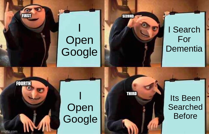 Gru's Plan Meme |  SECOND; FIRST; I Search For Dementia; I Open Google; FOURTH; Its Been Searched Before; I Open Google; THIRD | image tagged in memes,gru's plan | made w/ Imgflip meme maker