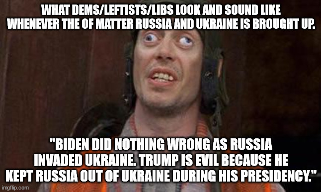 This is the crap people that legit support Ukraine have to put up with. | WHAT DEMS/LEFTISTS/LIBS LOOK AND SOUND LIKE WHENEVER THE OF MATTER RUSSIA AND UKRAINE IS BROUGHT UP. "BIDEN DID NOTHING WRONG AS RUSSIA INVADED UKRAINE. TRUMP IS EVIL BECAUSE HE KEPT RUSSIA OUT OF UKRAINE DURING HIS PRESIDENCY." | image tagged in looks good to me,stupid liberals,liberal hypocrisy | made w/ Imgflip meme maker