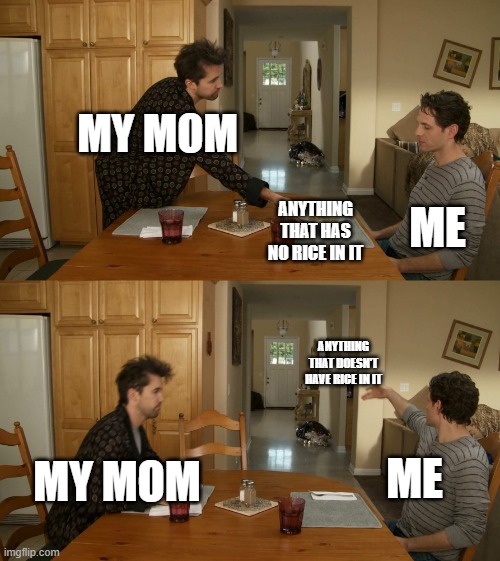 I fricken love rice | MY MOM; ME; ANYTHING THAT HAS NO RICE IN IT; ANYTHING THAT DOESN'T HAVE RICE IN IT; MY MOM; ME | image tagged in plate toss,rice,memes | made w/ Imgflip meme maker