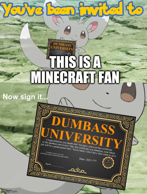 You've been invited to dumbass university | THIS IS A MINECRAFT FAN | image tagged in you've been invited to dumbass university | made w/ Imgflip meme maker