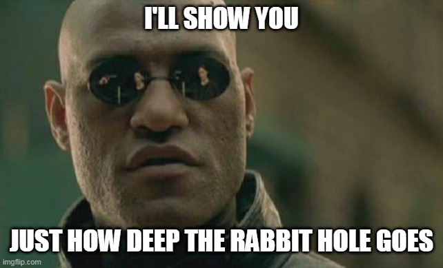 I'LL SHOW YOU JUST HOW DEEP THE RABBIT HOLE GOES | image tagged in memes,matrix morpheus | made w/ Imgflip meme maker