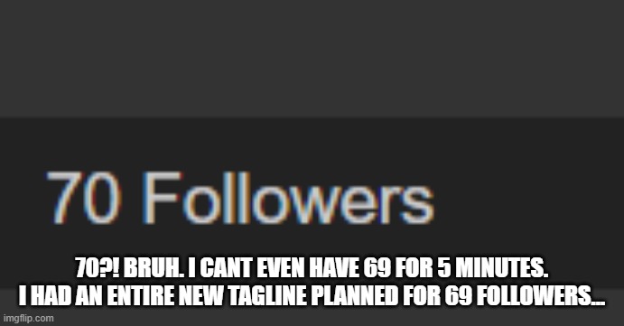 e | 70?! BRUH. I CANT EVEN HAVE 69 FOR 5 MINUTES. I HAD AN ENTIRE NEW TAGLINE PLANNED FOR 69 FOLLOWERS... | image tagged in e | made w/ Imgflip meme maker