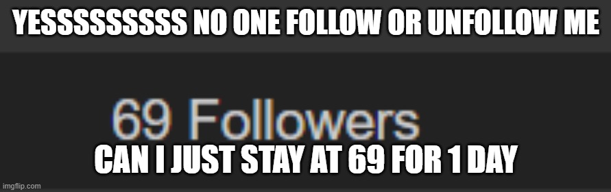 E | YESSSSSSSSS NO ONE FOLLOW OR UNFOLLOW ME; CAN I JUST STAY AT 69 FOR 1 DAY | image tagged in e | made w/ Imgflip meme maker