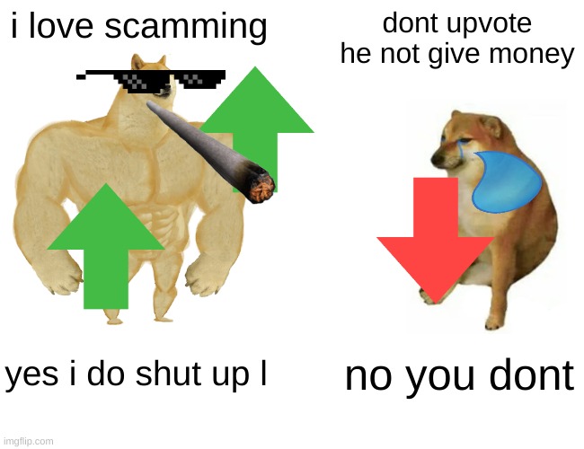 Buff Doge vs. Cheems | i love scamming; dont upvote he not give money; yes i do shut up l; no you dont | image tagged in memes,buff doge vs cheems | made w/ Imgflip meme maker