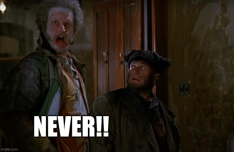 Home Alone 2 Marv Never | NEVER!! | image tagged in home alone 2 marv never | made w/ Imgflip meme maker
