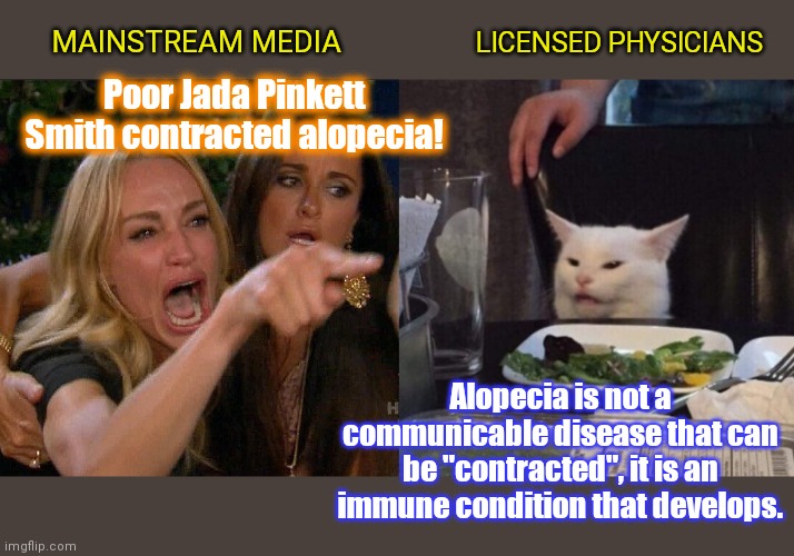 Mainstream media spreads false information about Jada Pinkett Smith's hair condition | MAINSTREAM MEDIA; LICENSED PHYSICIANS; Poor Jada Pinkett Smith contracted alopecia! Alopecia is not a communicable disease that can be "contracted", it is an immune condition that develops. | image tagged in woman yelling at cat,jada pinkett smith,alopecia,hair loss,media lies,stupid people | made w/ Imgflip meme maker