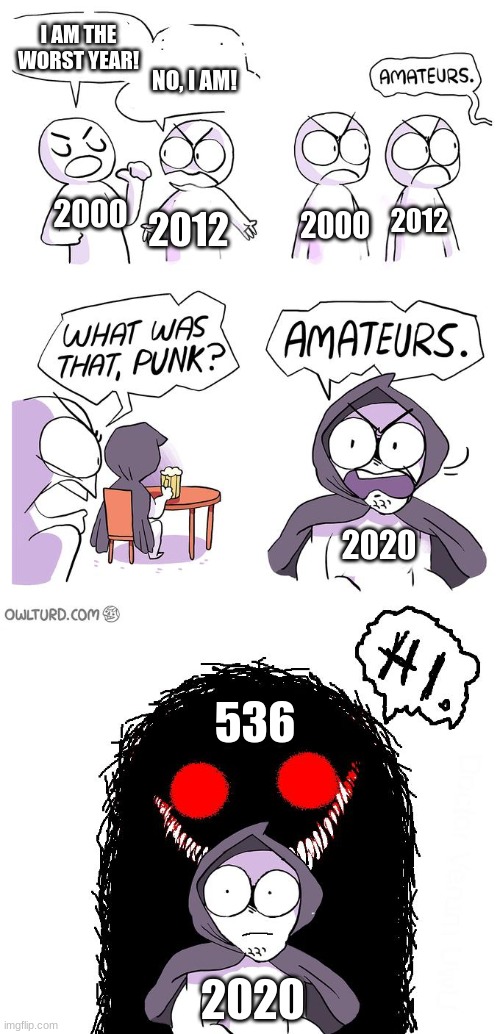 Amateurs 3.0 |  I AM THE WORST YEAR! NO, I AM! 2000; 2012; 2000; 2012; 2020; 536; 2020 | image tagged in amateurs 3 0 | made w/ Imgflip meme maker