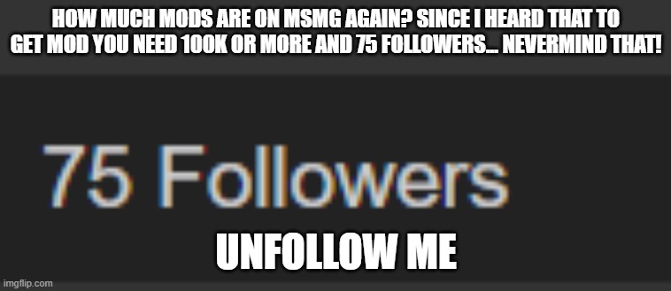 e | HOW MUCH MODS ARE ON MSMG AGAIN? SINCE I HEARD THAT TO GET MOD YOU NEED 100K OR MORE AND 75 FOLLOWERS... NEVERMIND THAT! UNFOLLOW ME | image tagged in e | made w/ Imgflip meme maker